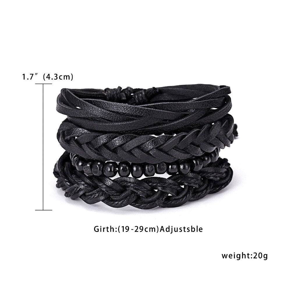 4PCS/SET Vintage Leaf Pendant Rice Beads Adjustable Rope Chain Bracelet Punk Braided Wrap Wristbands For Men  Jewelry