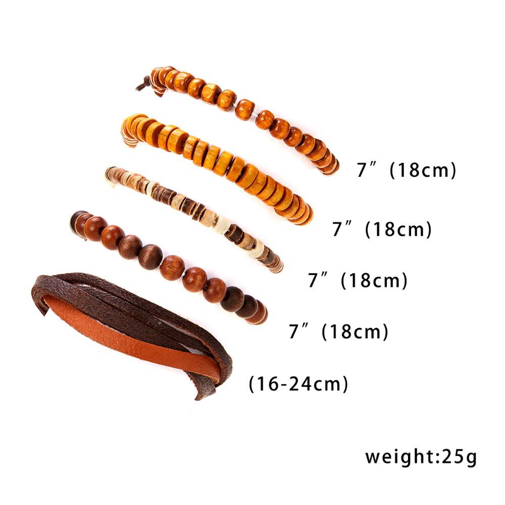 4PCS/SET Vintage Leaf Pendant Rice Beads Adjustable Rope Chain Bracelet Punk Braided Wrap Wristbands For Men  Jewelry
