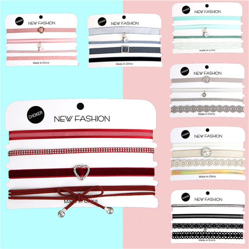 4PCS/set Lady Velvet Black Lace Velvet Strip Woman Collar Party Jewelry Neck Accessories Chokers Handcrafted Chain Necklace