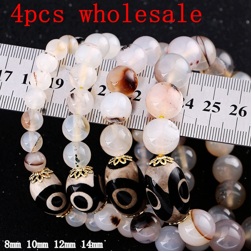 4PCS   Men Bracelet white Agate Buddha Beads Natural Stone Fashion Couple White Lovers Bracelets Gifts Agate Stone Charm