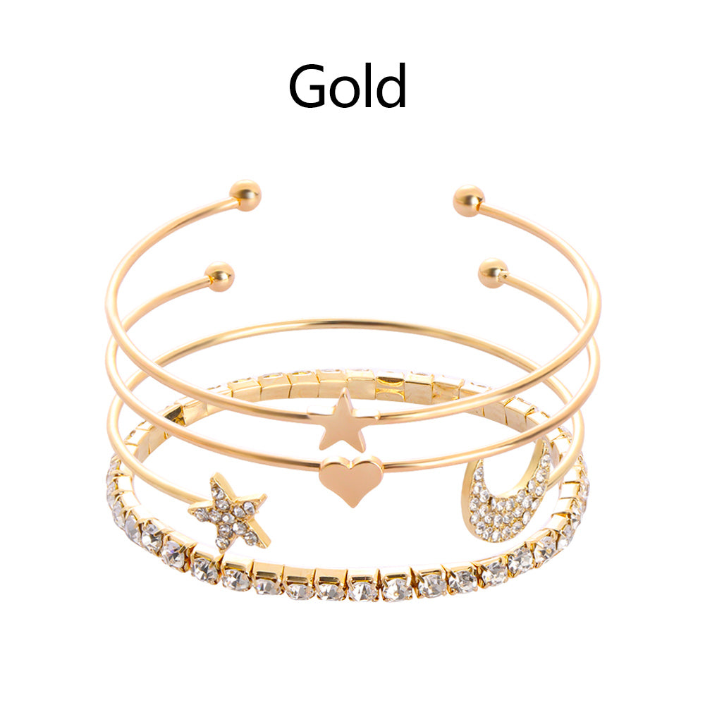 4PCs/Set Crystal Star Moon Bangle Set Multi-layer Love Heart Charm Gold&Silver Open Cuff Bangles Adjustable Jewelry For Women