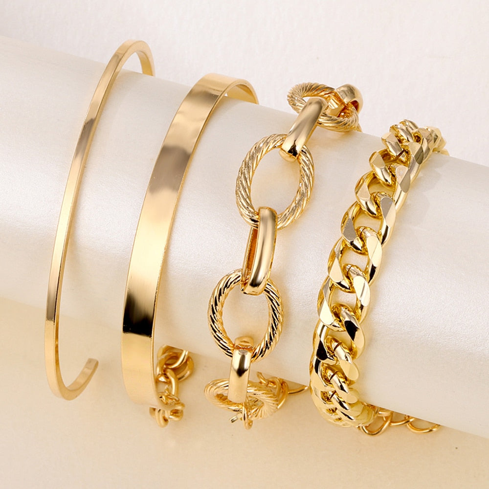 4Pcs Punk Heavy Metal Big Thick Chain Bracelet Set Women Retro Geometric Metal Twist Chain Bangles Bracelet  Jewelry