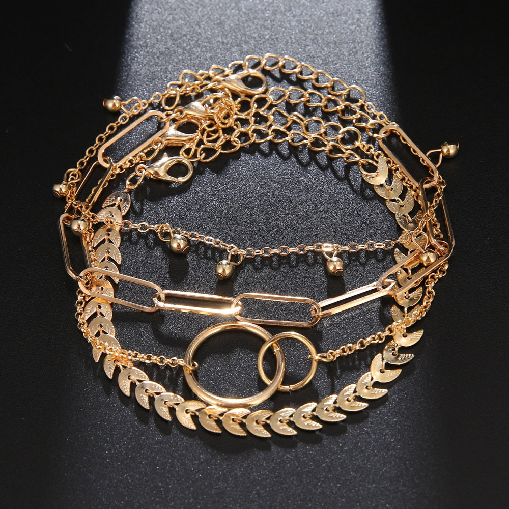 4Pcs Punk Heavy Metal Big Thick Chain Bracelet Set Women Retro Geometric Metal Twist Chain Bangles Bracelet  Jewelry