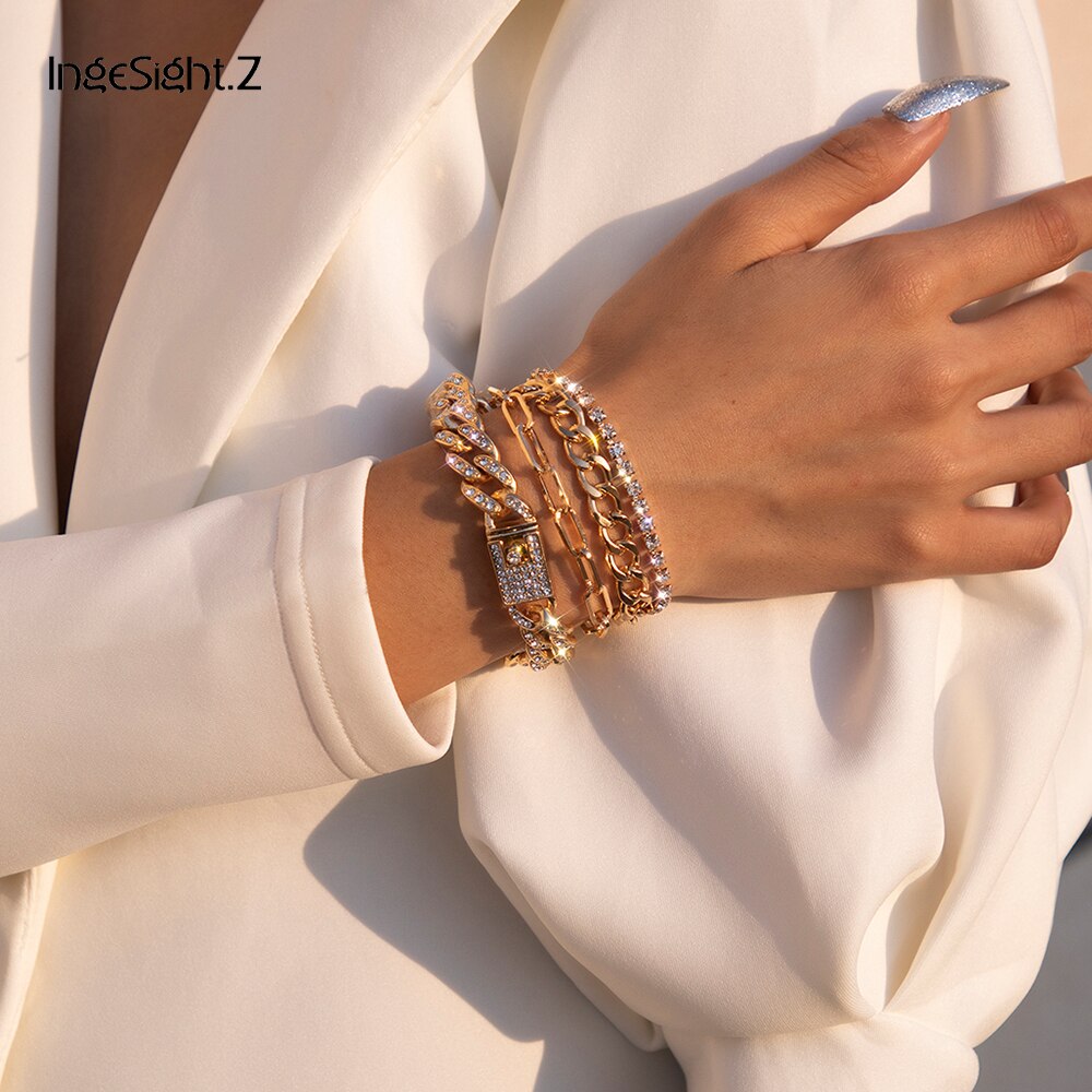 4Pcs/Set Steampunk Hip Hop Shiny Rhinestone Crystal Miami Curb Cuban Bracelet Bangles Chunky Thick Bracelets Women Wrist Jewelry