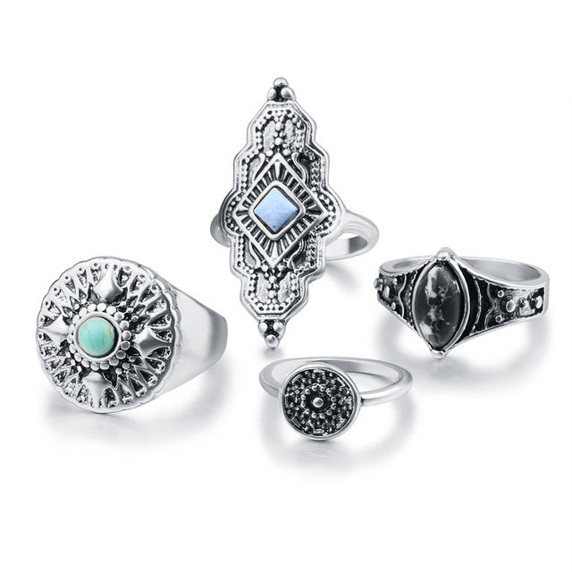 4Pcs/lot Fashion Gold Silver Midi Rings For Women Indian Knuckle Finger Viking Ring Set Vintage Tibetan Jewelry Boho Accessories