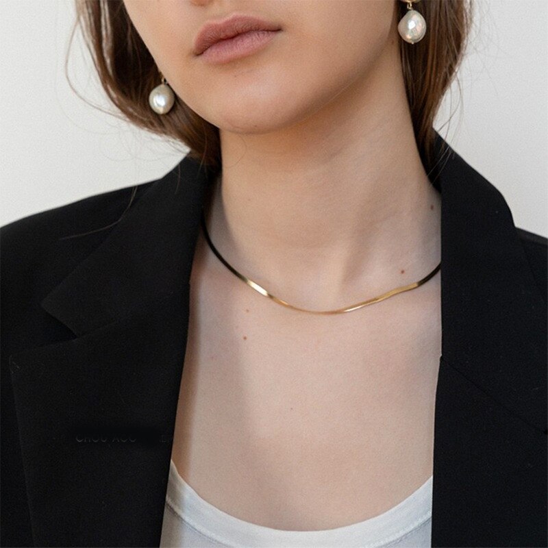 4mm Flat Simple Choker Femme Necklace Women Golden Jewelry Female Necklaces Ladies Vintage Women Necklaces Party Necklac