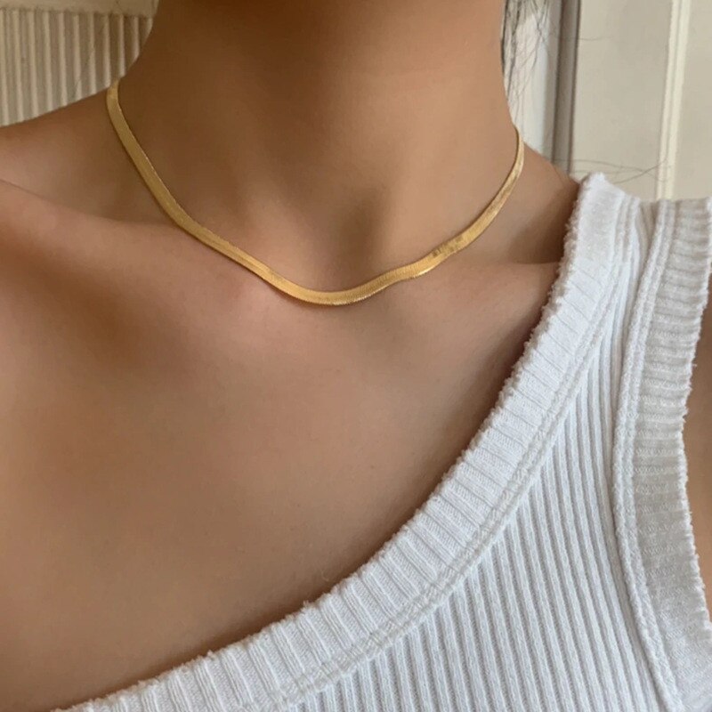 4mm Flat Simple Choker Femme Necklace Women Golden Jewelry Female Necklaces Ladies Vintage Women Necklaces Party Necklac