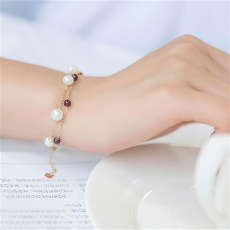 4mm Gemstone Red Garnet With 5.5-6mm White Round Pearl Bracelet 18K Gold Charm Link Chain Bracelet