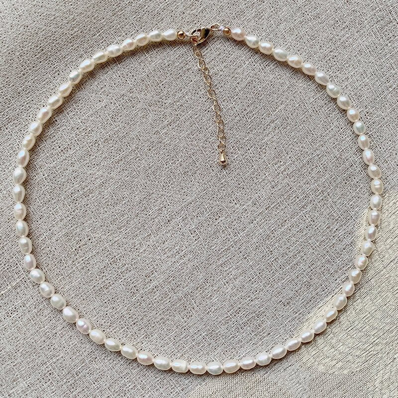 4mm Small Mini Rice Pearl Collar Vintage AA Elegant Natural Freshwater Pearl Choker Necklace Shiny White Pearl Jewelry for Women