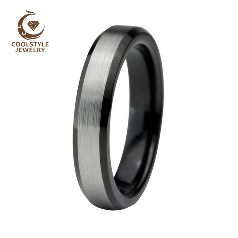 4mm Womens Tungsten Wedding Band Black Beveled Edges Brushed Silver Top Engagement Ring For Lady