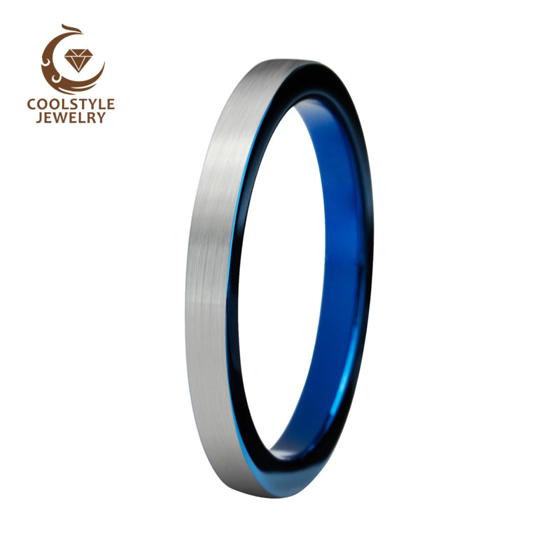 4mm Womens Tungsten Wedding Band Blue Plated Brushed Silver Top Engagement Ring For Lady