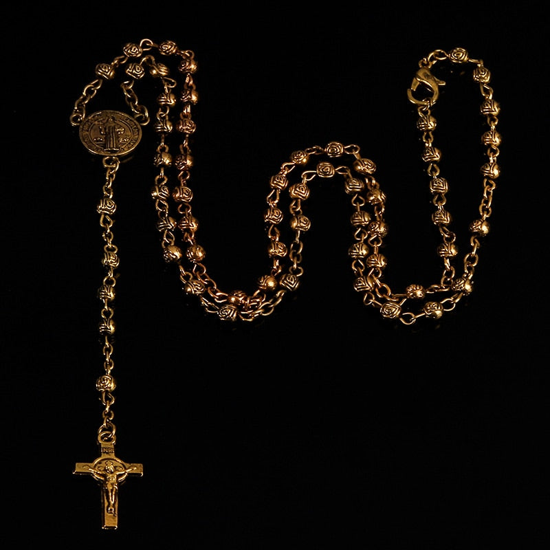 4mm stainless steel bead necklace, vintage gold rosary small necklace, female necklace Jesus cross necklace.