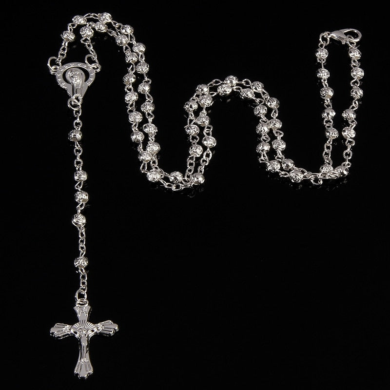 4mm stainless steel bead necklace, vintage gold rosary small necklace, female necklace Jesus cross necklace.