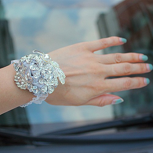 4piece/lot Custom Prom Flower Corsage Satin Rose Wrist Corsage Bridal Hand Flower Diamond Brooch Wedding Wrist Band SW0888