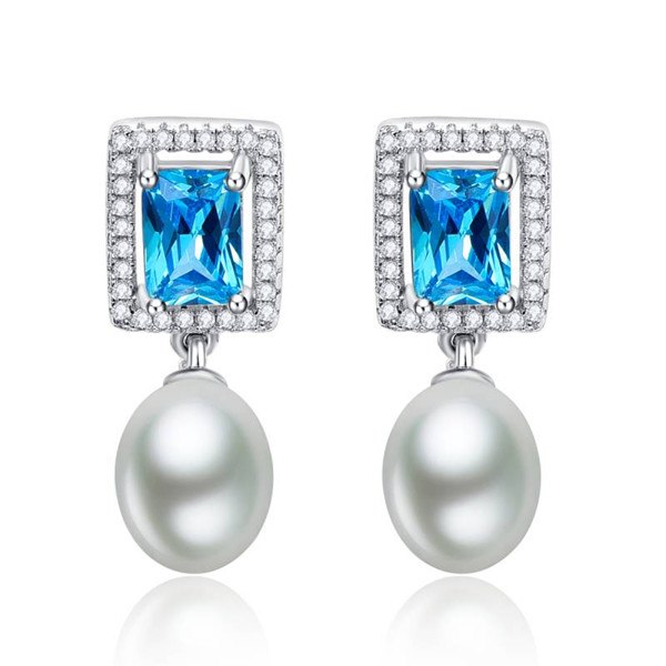 5.8ct 925 Sterling Silver Emerald Cut Blue Topaz Cz Fresh Water Pearl Elegant Earrings Charm s925 Earring Free Jewelry Box