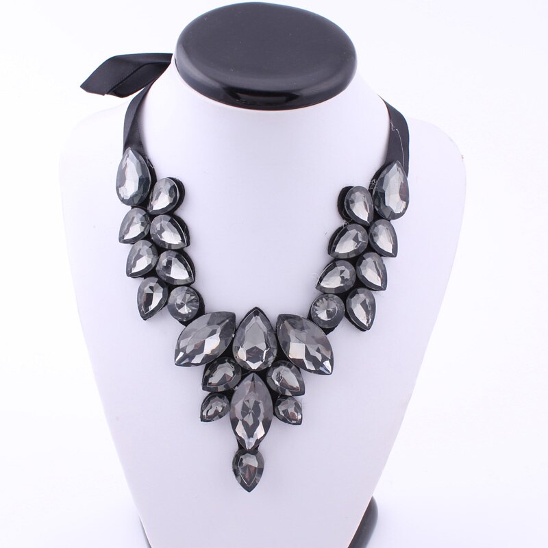 5 Colors Statement Black Ribbon V Shape Water Drop Big Gem Bib Necklaces Rhinestone Crystal Choker Necklaces Pendants For Women