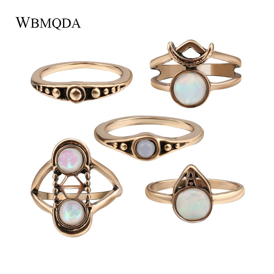 5 Pcs/lot Fashion Sun And Moon Midi Rings Vintage Tibetan Jewelry Antique Silver Gold Stone Knuckle Ring Set Gifts For Women