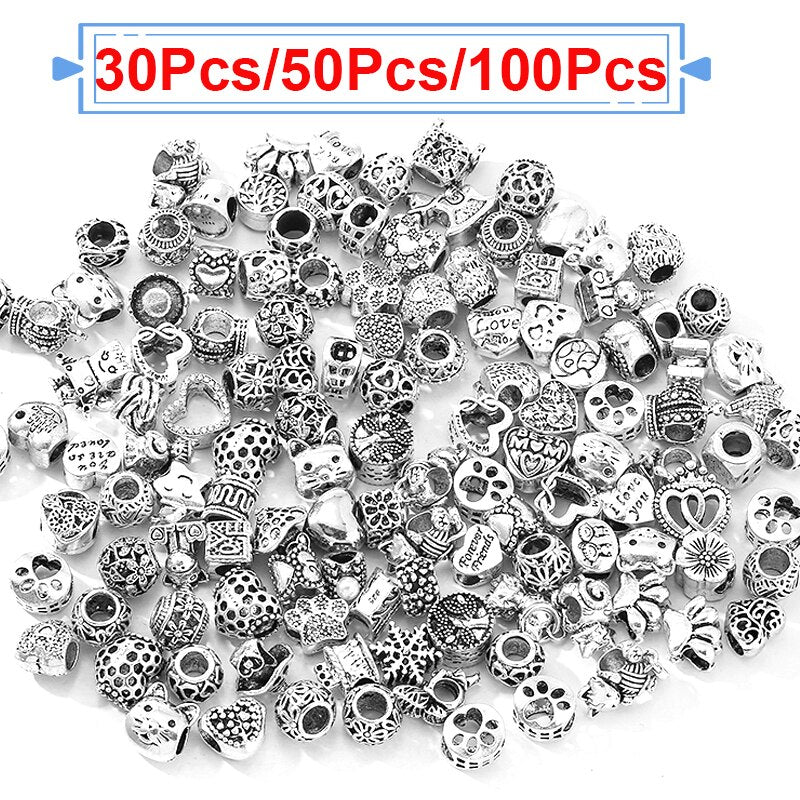 50/100Pcs Vintage Silver Beads Charms Fit Original Brand Bracelets Necklaces For Women Jewelry Accessories Random Shipment