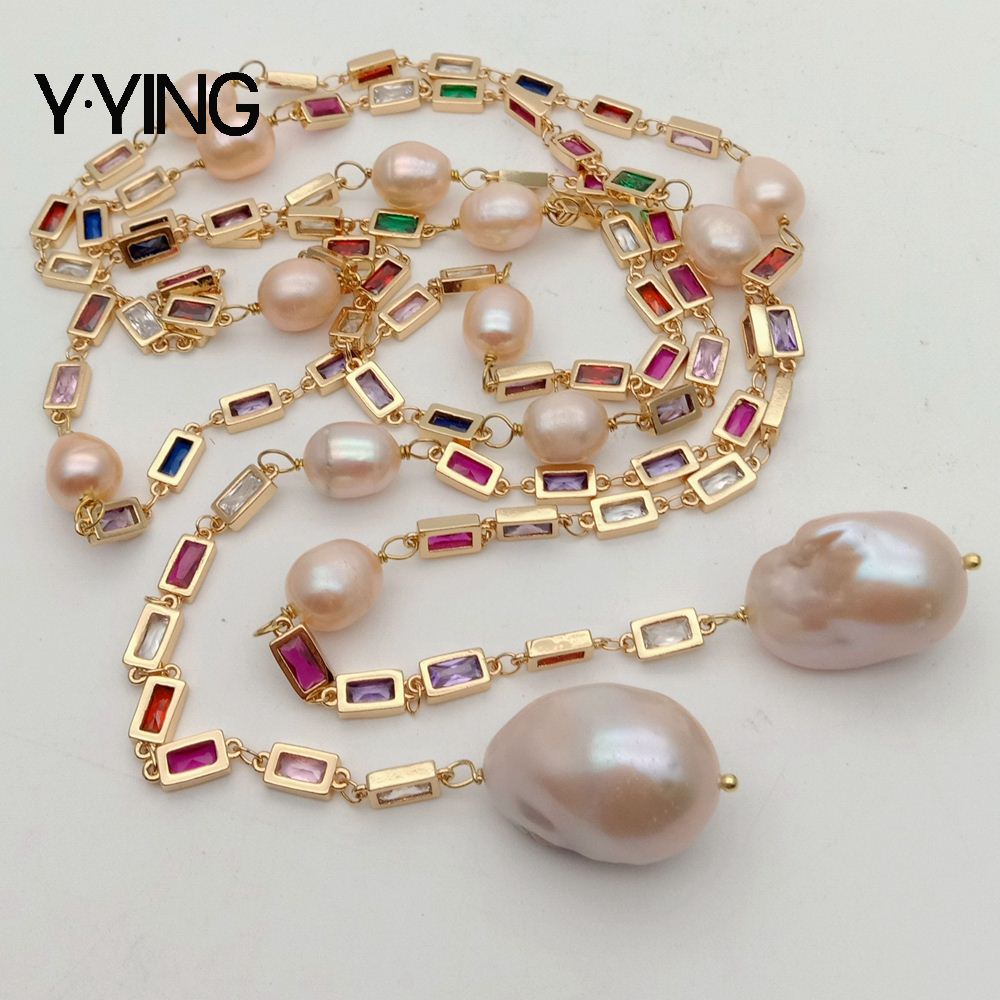 50" Cultured Pink Keshi Pearl Mixed Color Rectangle Cz Pave Long Chain Necklace party sweater chain necklace for women