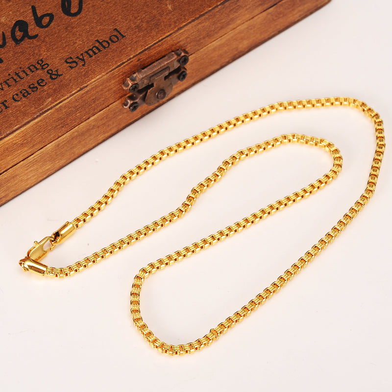 50cm 3mm Brand Ethiopian Square 24k Yellow Fine Gold GF Thick Necklaces Box Chain Dubai Arab