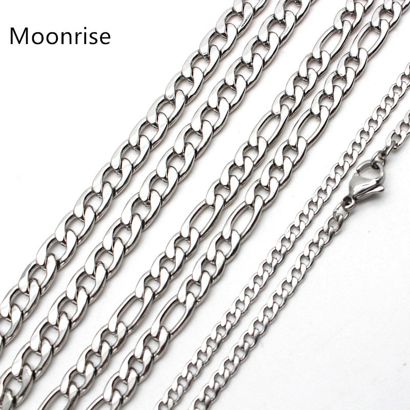 50cm 60cm 70cm Figaro Link Chain Jewelry Classic Curb Necklace 3-6MM Stainless Steel Silver Color Chain for Men Women