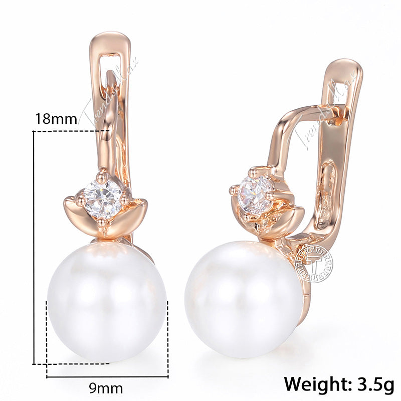 585 Rose Gold Filled Stud Earrings Flower Shaped Paved Clear Cubic Zirconia Simulated Pearl Earrings For Women GE174