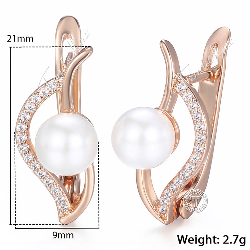 585 Rose Gold Filled Stud Earrings For Women Leaf Shaped Simulated Pearl Earrings Fashion Jewelry GE172
