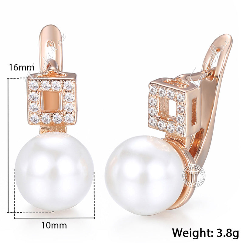 585 Rose Gold Filled Stud Earrings For Women Paved Clear Cubic Zirconia Cut-out Square Simulated Pearl Earrings GE173
