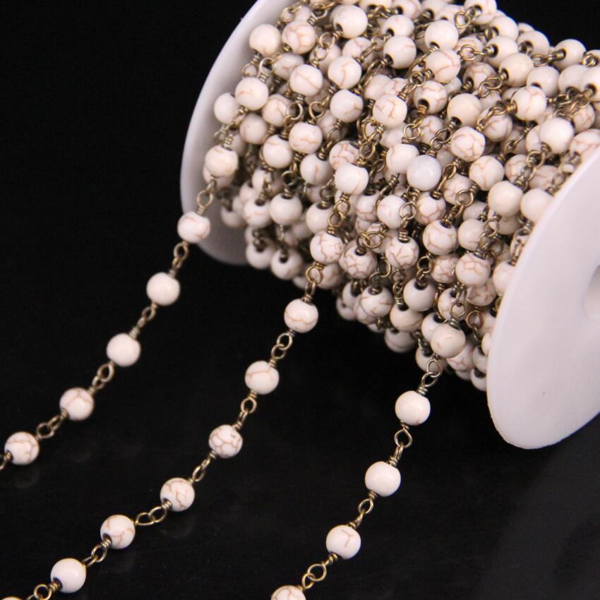 5Meter/lot,6mm Turquoises Round Bead Rosary Chain,White Turquoises Link Brass Wire Wrapped Chain Necklace Bracelet