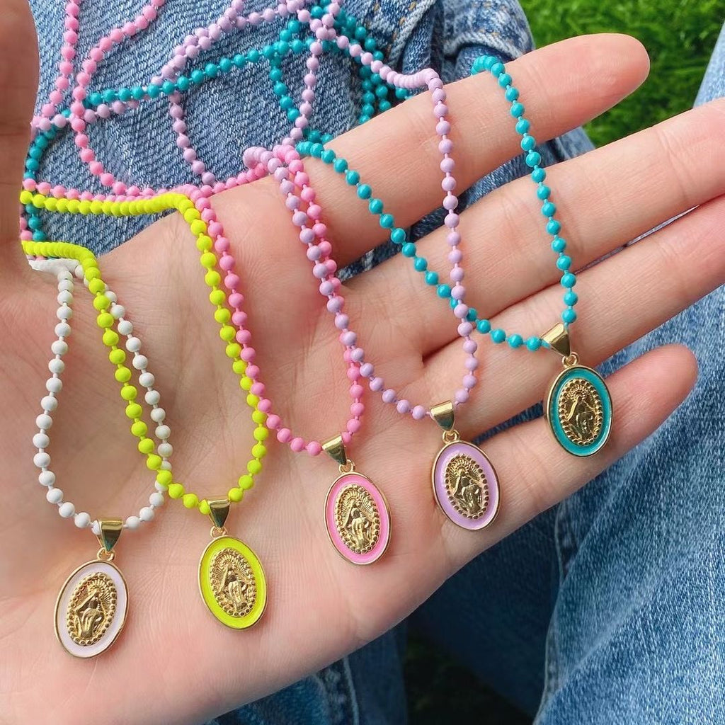 5PCS, Oval Colorful Virgin Mary Pendant Charms Necklace Gold Accessories For Woman Lady Gifts