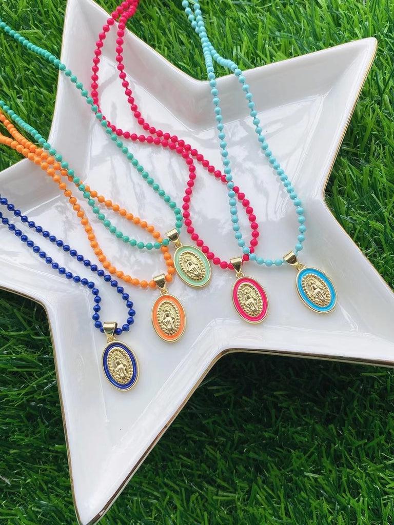5PCS, Oval Colorful Virgin Mary Pendant Charms Necklace Gold Accessories For Woman Lady Gifts
