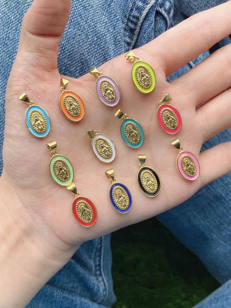5PCS, Oval Colorful Virgin Mary Pendant Charms Necklace Gold Accessories For Woman Lady Gifts