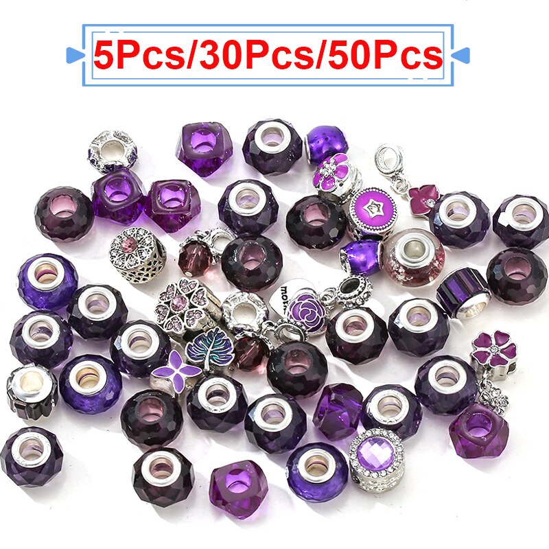 5Pcs/30Pcs  Random Delivery Purple Glass Beads Charm Brand Necklaces Bracelet For Women Men Jewelry Making