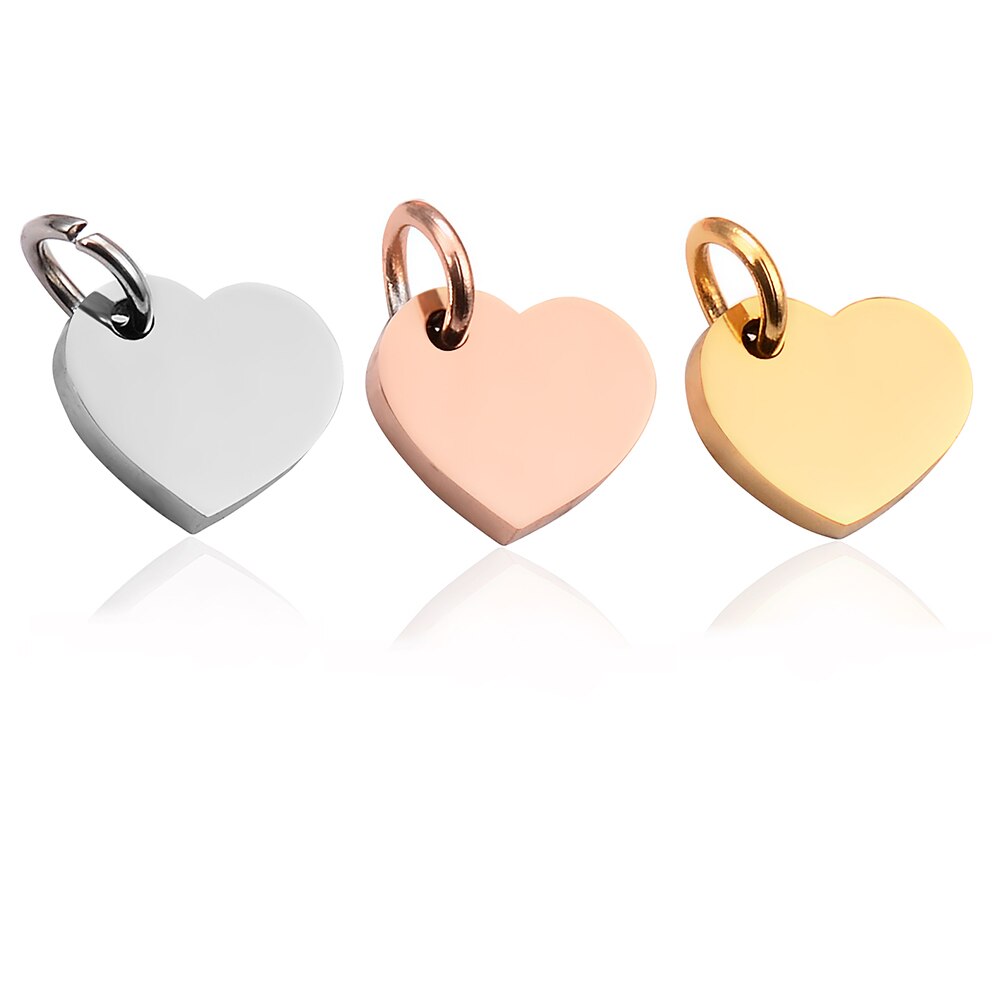 5Pcs/Lot Gold/Rose Gold Stainless Steel Blank Heart Dog Tag Charm 9*9mm Mirror Polished Pendant Necklace Jewelry Findings