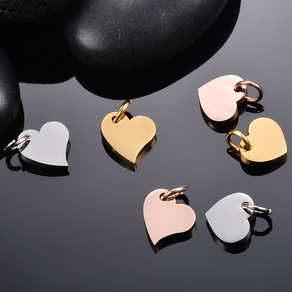 5Pcs/Lot Gold/Rose Gold Stainless Steel Blank Heart Dog Tag Charm 9*9mm Mirror Polished Pendant Necklace Jewelry Findings