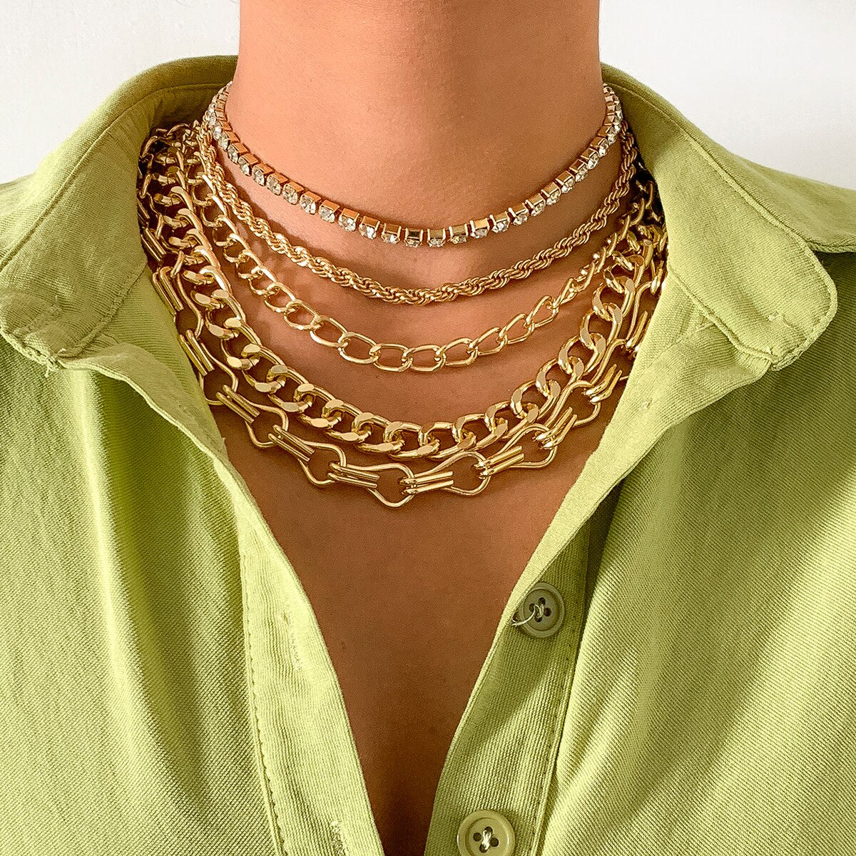 5Pcs/Set Punk Statement Short Collar Clavicle Chain Choker Necklace For Women Men Multi Layer Curb Cuban Link Chain Jewelry Gift