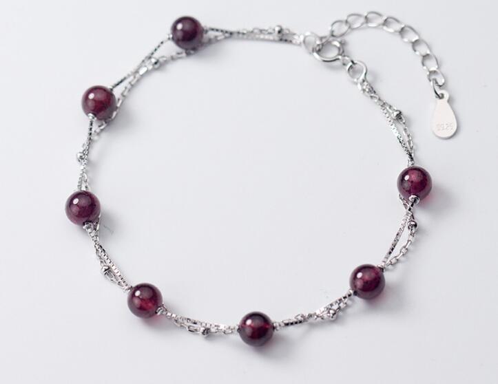5mm 100% Real. 925 Sterling Silver Fine Jewelry Double -layers /two-rows Natural red Garnet Round Stone Chain Bracelet LS652