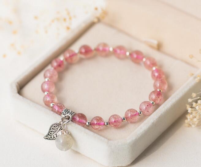 5mm stone 100% Real. 925 Sterling Silver Jewelry Natural Rose Quartz strawberry quartz &Moon Stone Leaf charms Bracelet GTLS372