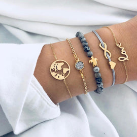 5pcs/set Women Bohemian Bracelets Sets Love Turtle Charm Bracelets Bangles Gold Color Strand Bracelets Sets Jewelry Party Gifts