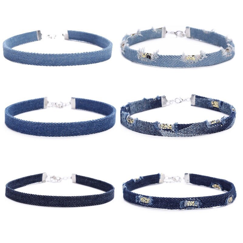 6 Pieces/set Choker Necklace Blue Distressed Frayed Denim Jeans Gothic Choker Necklace rope chain for Women jewelry gift