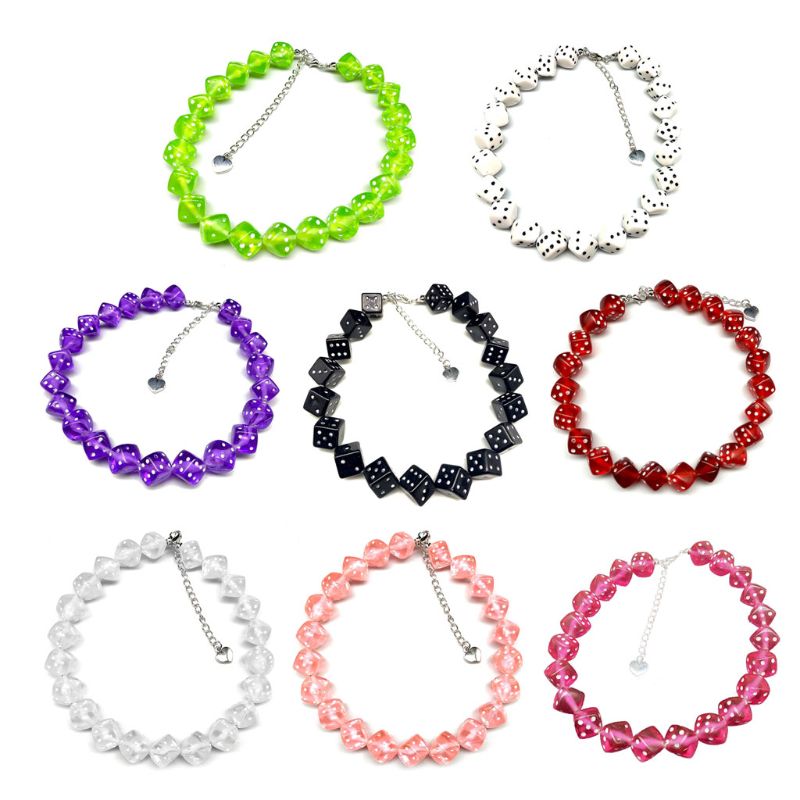 667E Colorful Acrylic Dice Beads Stretch Choker Funny Game Lucky Dice Necklace Women