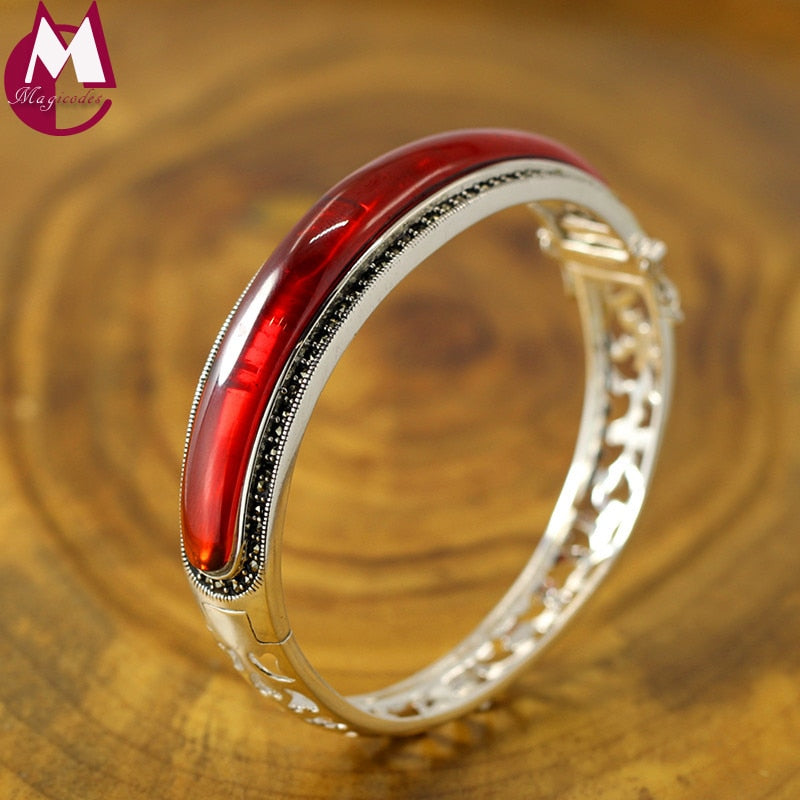 69*8mm Big Red Garnet Hollow Design Open Bangles For Women Real Sterling Silver 925 Jewelry Boho Fine Heart harms Bracelet femme
