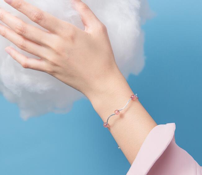 6MM 100% Real. 925 Sterling Silver Fine Jewelry Rose Strawberry Quartz /Moonstone Stone & Twist Snakebone chain Bracelet LS761