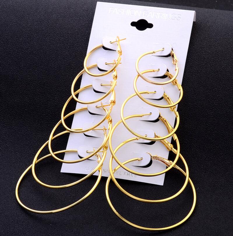 6PCS Fashion Big Round Earring Set Mix for Women Gold Color Geometric Party Ladies Earrings Retro Ear Big Hoop Circle Brincos