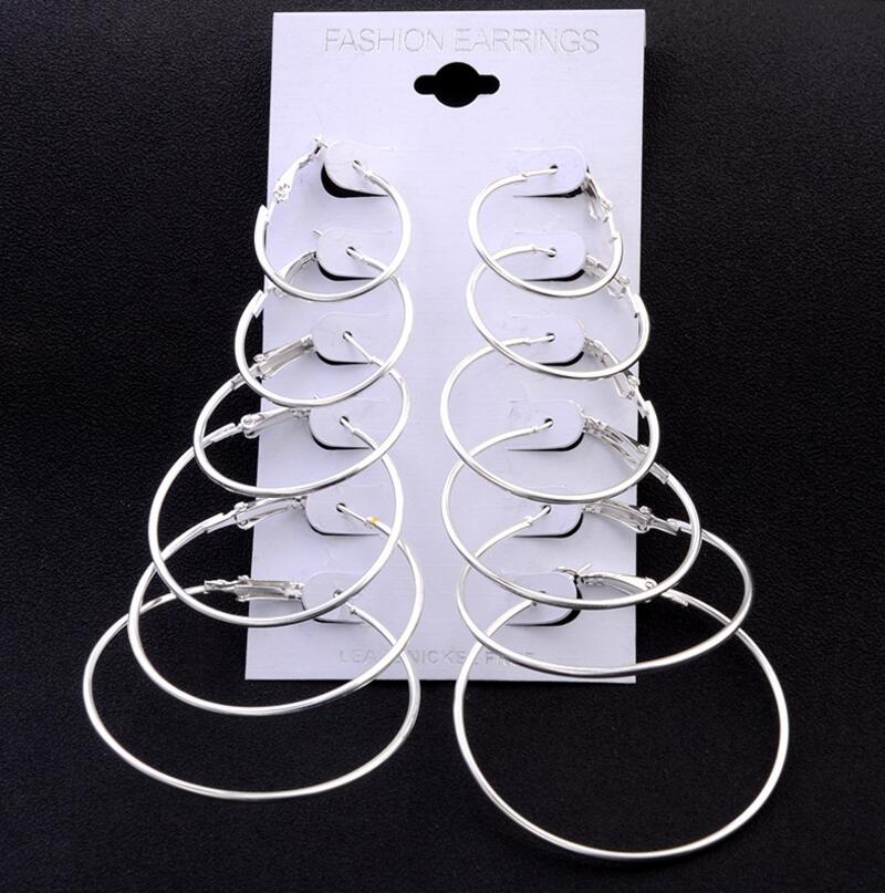 6PCS Fashion Big Round Earring Set Mix for Women Gold Color Geometric Party Ladies Earrings Retro Ear Big Hoop Circle Brincos