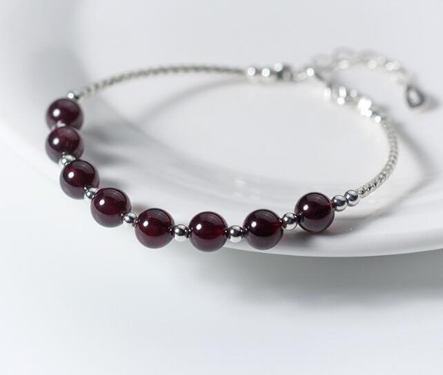 6mm 100% real. 925 Sterling silver Fine Jewelry Natural Red Garnet Stone &Round Beads bangle cuff Bracelet GTLS553
