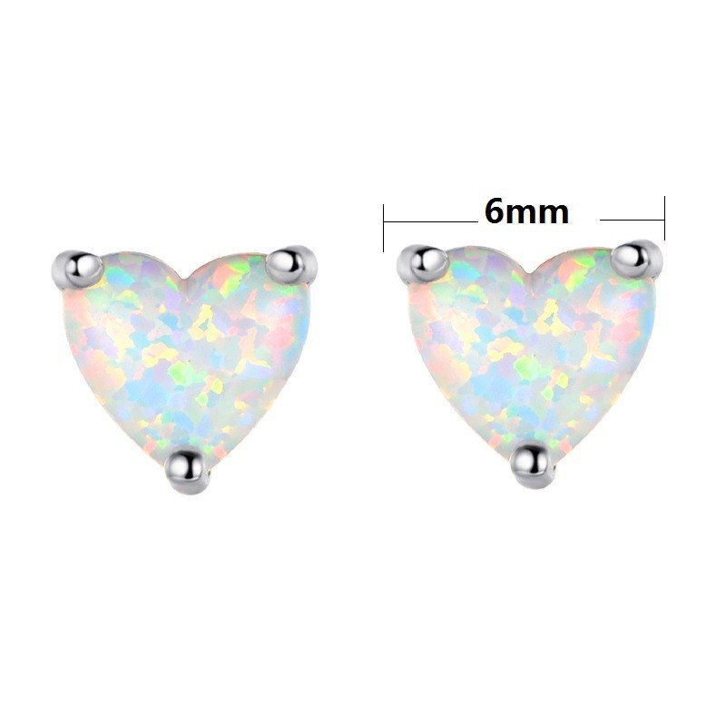 6mm Fashion Female Small Heart Earring 6mm White Fire Opal Stud Earring 925 Sterling Silver Jewelry Earrings For Women