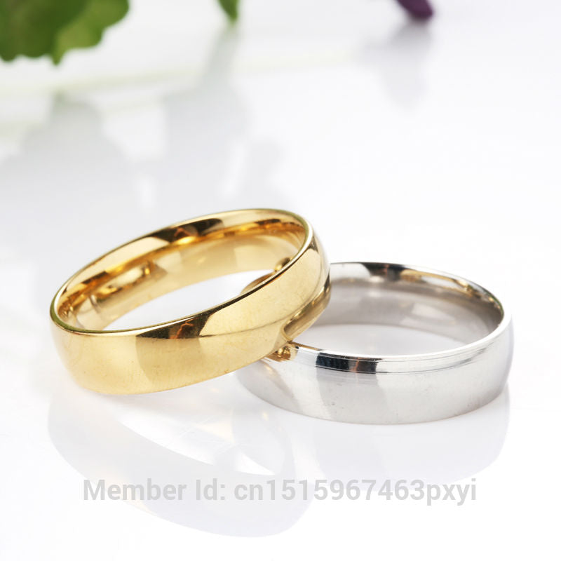 6mm Never Fade Classic Wedding 316L Titanium Steel Gold/ Silver Smooth Glossy Couple Wedding Ring Woman Man Fashion Jewelry