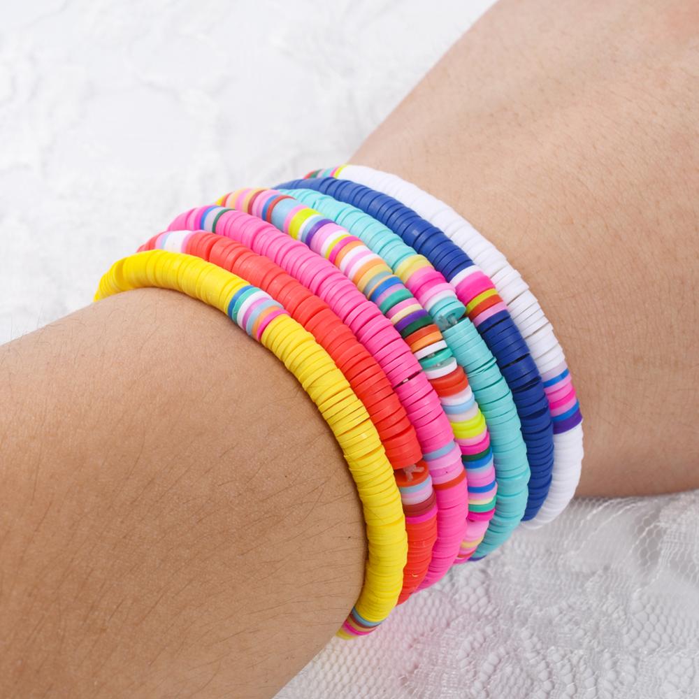6mm Recyclable Polymer Clay Disc Beads Stretch Bracelets For Women Mixed Color Surfer Adjustable Elastic Soft Wristband Bracelet