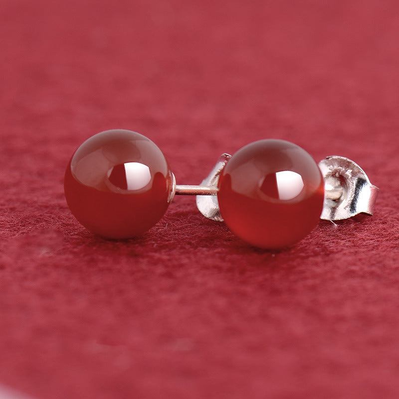 6mm S925 Sterling Silver Fine Jewelry Stud Earrings For Women Small Natural Red Agate Yellow Chalcedony Round Bead Aretes
